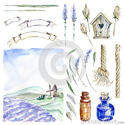 Set of hand drawn watercolor clipart. Provence atmosphere, laven Cartoon Illustration