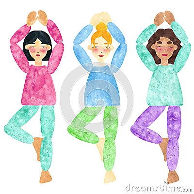 Set of hand drawn watercolor collages of girls with dark and blond hair and different skin tones, making yoga pose. Stock Photo