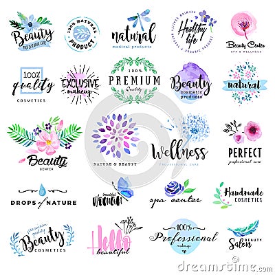 Set of hand drawn watercolor labels and badges for beauty, Vector Illustration