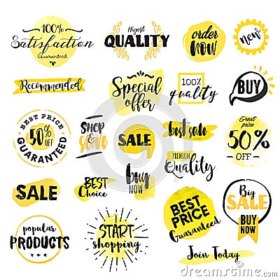 Set of hand drawn watercolor labels and badges for sale Vector Illustration