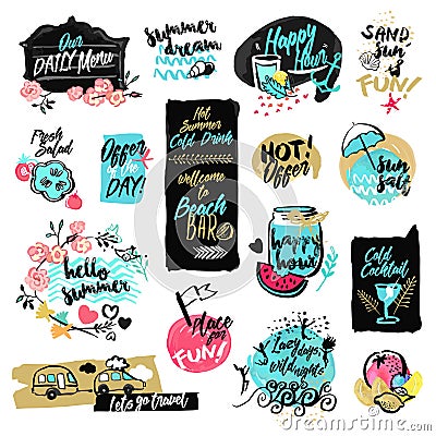 Set of hand drawn watercolor labels and badges of summer Vector Illustration