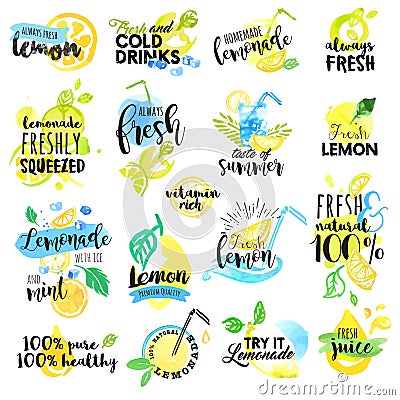 Set of hand drawn watercolor labels and signs of lemon and lemonade Vector Illustration