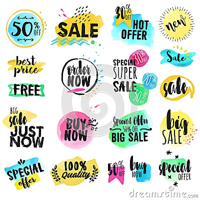 Set of hand drawn watercolor labels and stickers for sale Vector Illustration