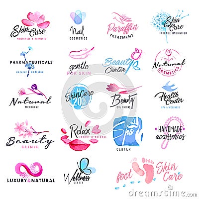 Set of hand drawn watercolor signs for beauty, healthy life and wellness Vector Illustration