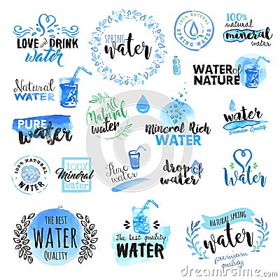 Set of hand drawn watercolor signs and elements of water. Vector Illustration