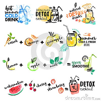 Set of hand drawn watercolor signs of summer drinks, fruit juices and smoothies, cocktails Vector Illustration