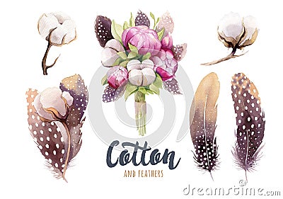 Set of hand drawn watercolour Cotton boll, peonies and feathers. Stock Photo