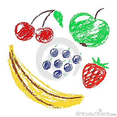 Set of hand drawn wax crayon fun color juicy fruits. Vector Illustration