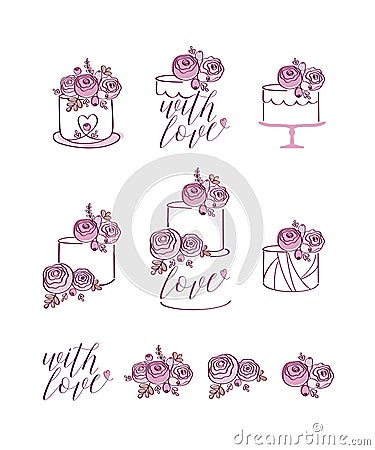 Set of hand drawn wedding cakes with cute flowers. Vector Illustration