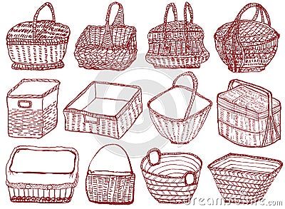 Set of hand drawn wicker baskets. Vector Illustration