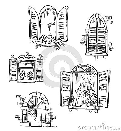 Set of hand drawn windows, vector illustration Vector Illustration