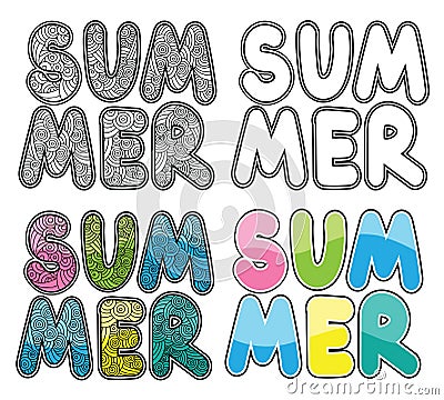 Set of hand drawn word summer. Colorful illustration, with ornament line and circles. Vector Illustration