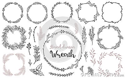 Set of hand drawn wreath and branches. Decorative elements for your design. Vector Illustration