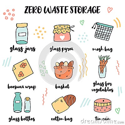 Set of hand drawn zero waste storage inventory. Vector Illustration