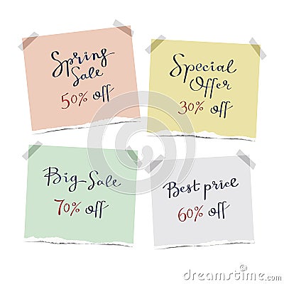 Set of hand drown sale lettering banners on the pieces of torn paper. Vector Illustration