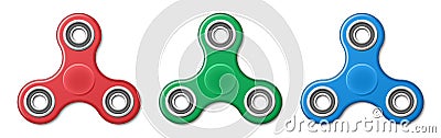 Set of Hand fidget spinner toys - stress and anxiety relief. Red, green and blue spinner plastic toys. Vector Illustration