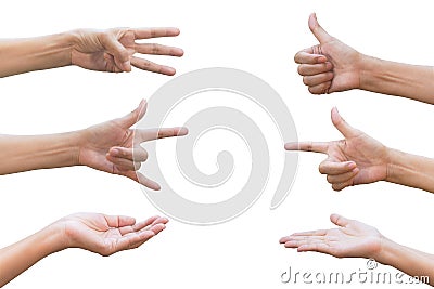 Set of hand gesture and sign collection isolated on white background. Multiple hand gestures. Stock Photo