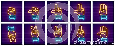 Set of hand gestures neon icons Vector Illustration