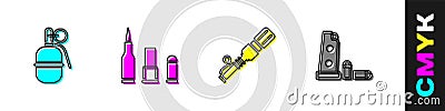 Set Hand grenade, Bullet, Anti-tank hand and Gun magazine bullets icon. Vector Stock Photo