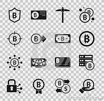 Set Hand holding Bitcoin, Server bitcoin, Pickaxe, the target, Shield with and Cryptocurrency icon. Vector Vector Illustration