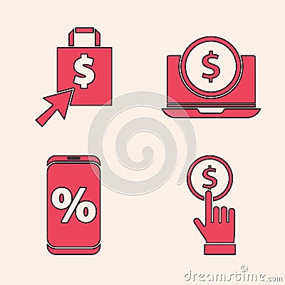 Set Hand holding coin, Shoping bag and dollar, Laptop with dollar and Percent discount and mobile icon. Vector Vector Illustration