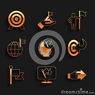 Set Hand holding flag, Flag, with pointing finger, Target, Planet, Man and icon. Vector Vector Illustration