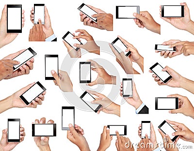 Set of hand holding mobile smart phone with blank screen Stock Photo