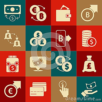 Set Hand holding money, Coin with pound, dollar, Wallet, Currency exchange, Stacks paper cash and Mining bitcoin from Vector Illustration