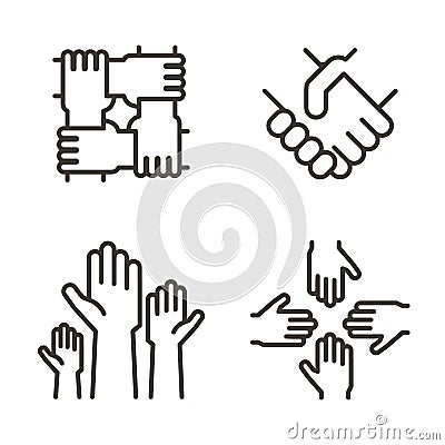 Set of hand icons representing partnership, community, charity, teamwork, business, friendship and celebration. Vector icons Vector Illustration