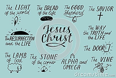 Set of 11 Hand lettering christian quotes about Jesus Christ. Savior. Door. Good Shepherd. Way, truth, life. Alpha and Omega. Lamb Stock Photo