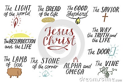 Set of 11 Hand lettering christian quotes about Jesus Christ. Savior. Door. Good Shepherd. Way, truth, life. Alpha and Vector Illustration