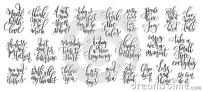 set of 25 hand lettering motivational quotes, handwritten positive phrases Vector Illustration