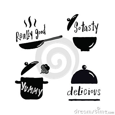 Set of hand lettering phrases about tasty food. Delisious, really good,so tasty, yummy. Illustration of cooking utensils. Stock Photo