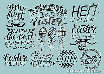 Set of 9 hand lettering about Easter. He is risen. Egg hunt. Celebrate. Stock Photo