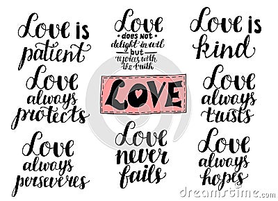 Set of 8 hand lettering quotes about love from Corinthians Stock Photo