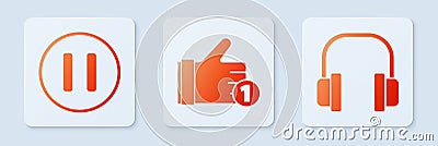 Set Hand like, Pause button and Headphones. White square button. Vector Vector Illustration