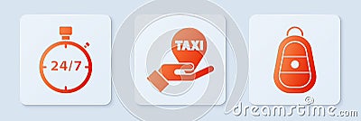 Set Hand on map pointer with taxi, Stopwatch 24 hours and Car key with remote. White square button. Vector Vector Illustration