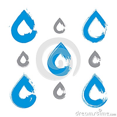 Set of hand-painted blue water drop icons Vector Illustration