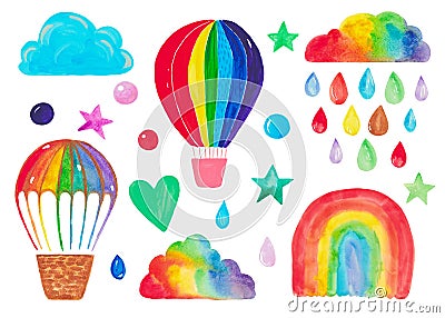 Set of hand-painted children`s clipart. Watercolor illustration rainbow balloon airship cloud decorative elements Cartoon Illustration