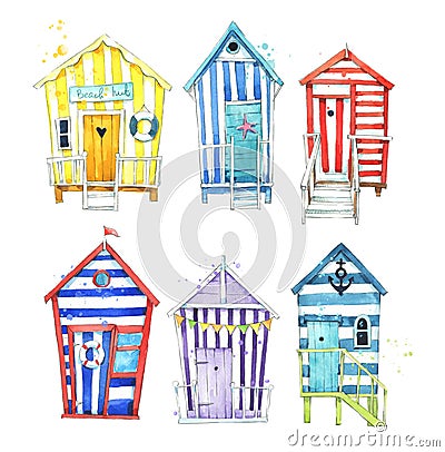 Set of hand painted, colorful watercolor beach huts Stock Photo