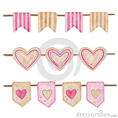 Set of hand painted watercolor flags with hearts in bright pink and biege colors Stock Photo