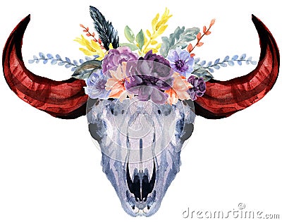 Set of hand painted watercolor flowers, leaves, skull horns bull in rustic style. Bohemian composition perfect for floral de Stock Photo