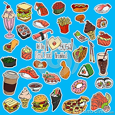 Set hand sketches doodle food fast food and sushi, vector set for your design. Vector Illustration