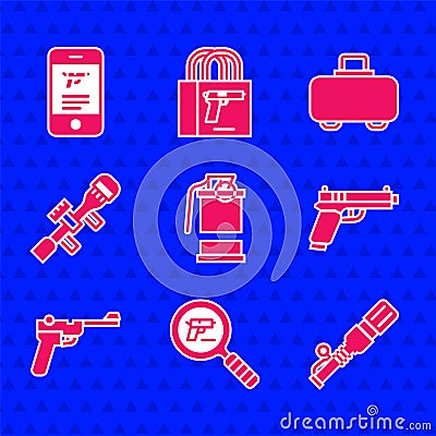 Set Hand smoke grenade, Pistol or gun search, Anti-tank hand, Mauser, Sniper optical sight, Weapon case and Shop weapon Vector Illustration