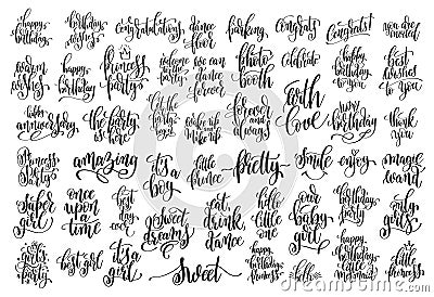 Set of 50 hand written lettering about family Vector Illustration