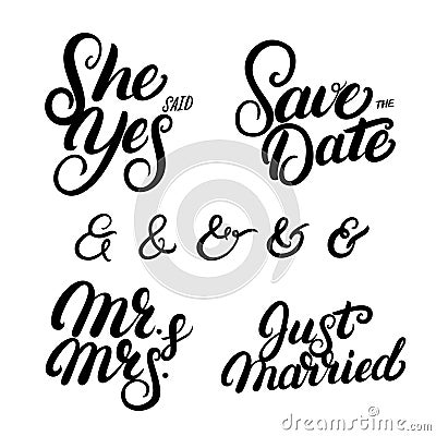 Set of hand written lettering wedding quotes. Vector Illustration