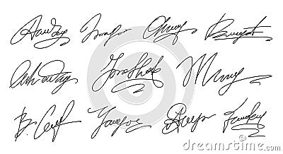 Set of Hand written signature. Different example signatures isolated in white background. Collection of signatures, handwriting, Cartoon Illustration
