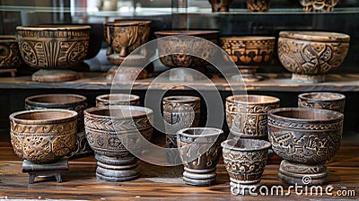 A set of handcarved wooden bowls and cups used for collecting and administering herbal remedies. Each piece is unique Stock Photo