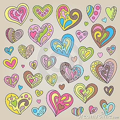 Set of Handdrawn Cute Pink, Green, Yellow, Brown, Blue, Hearts Vector Illustration