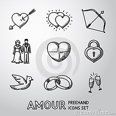 Set of handdrawn Love, Amour icons - heart with Vector Illustration